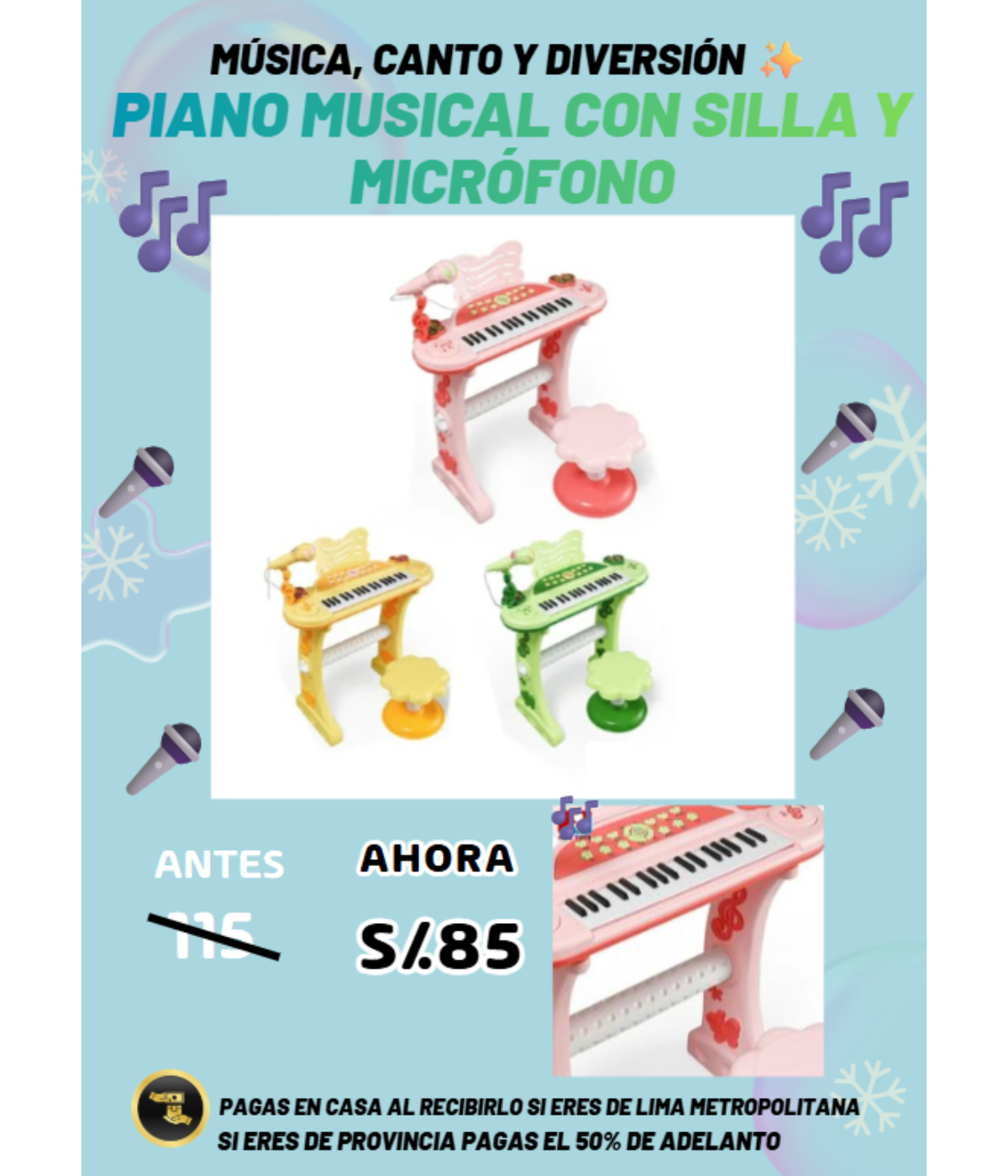 PIANO MUSICAL CON SILLA Y MICRÓFONO 🎶
