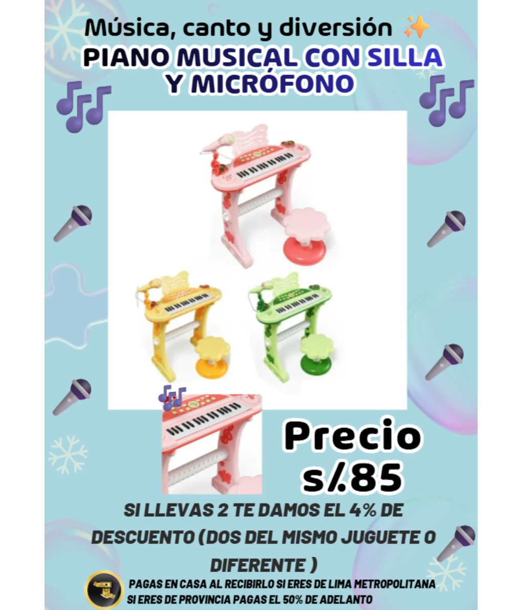 PIANO MUSICAL CON SILLA Y MICRÓFONO 🎶
